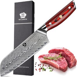Японський ніж Santoku WILDMOK з дамаської сталі, 17.8 см, професійний для м'яса та овочів, VG10 сталь, Full Tang, G10 рукоятка, серія Song