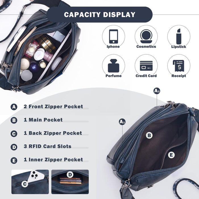 Сумка жіноча через плече MUIIKOLA середнього розміру шкіряна темно-синього кольору з широким м'яким ременем