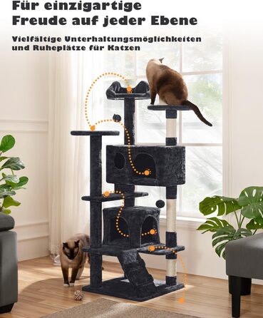 Кігтеточка-кольоротка Yaheetech 139 см, стабільна з 3 платформами, 3 стовпчиками, 2 печерами, плюшеві кульки, чорний колір
