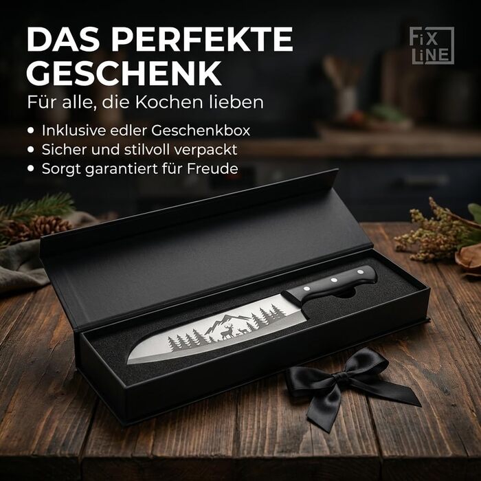 Ніж шеф-кухаря FIXLINE® BLACK FOREST Edition 18 см – професійний кухонний ніж з нержавіючої сталі, з чорною дерев'яною ручкою, подарункова упаковка