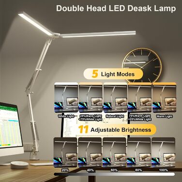 SKYLEO LED Desk Lamp with Dual Heads, Remote Control, Clamp-On, 2400 Lumens, 24W, 5 Color Temperature Modes, Timer & Memory, Easy Installation - For Office, Reading, 76cm Lamp Length with Clamp