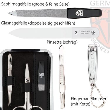 Набір для манікюру DREI SCHWERTER 'Genova' 6 предметів | Німецька якість | Чорний екошкіряний футляр | Манікюрний набір з ножицями, щипцями, пінцетом, скляною та сапфіровою пилочками