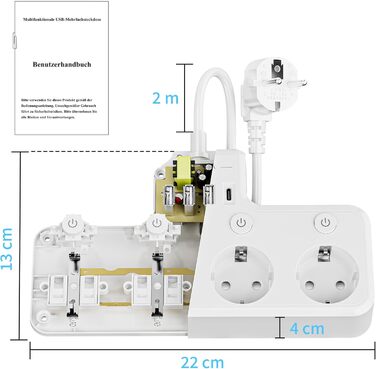 Багатофункціональна мережа роз'ємів 9 в 1 з вимикачем, USB-роз'єм 5-fach, кабель 2м, кутова мережа роз'ємів, чорний колір, індивідуальне вимкнення, для кухні та робочого столу (4 розетки, настінний монтаж)