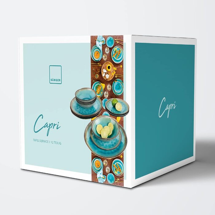 SÄNGER | Capri Dinnerware Set, 12-Piece, Plate Set for 4 People, Stoneware Dinnerware including Dinner Plates, Dessert Plates & Deep Plates, Turquoise Blue Tableware Set with Grey Rim | PREMIUM COLLECTION 12-Piece Dinnerware Set