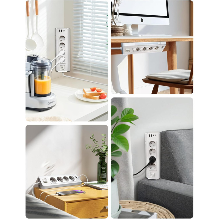 Кутова розетка для кухні Ecksteckdose, 4-портова з 2 USB та 2 Type-C, 3680W/16A з LED, захистом від перенапруги, економна для дому, офісу, кухні, настінний монтаж, кабель 2м білий, 4-портова