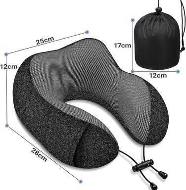 Подушка для шиї у літак - 100% Memory Foam - Зручна подушка для подорожей - з 3D-маскою для сну та навушниками - Ідеально для літака, авто, дому, офісу, чорна