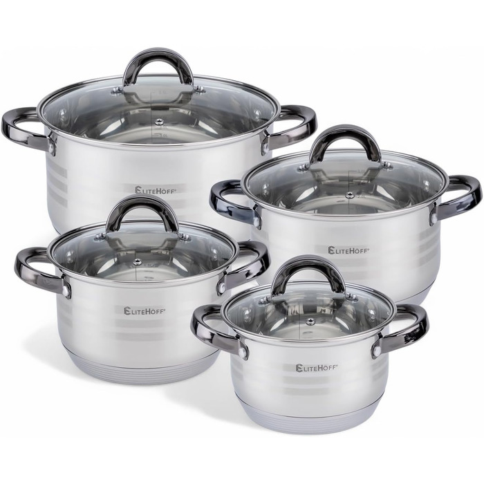 Набір каструль та сковорідок EliteHoff Induktion (8 предметів) з нержавіючої сталі, з кришками та чорними ручками, для всіх типів плит