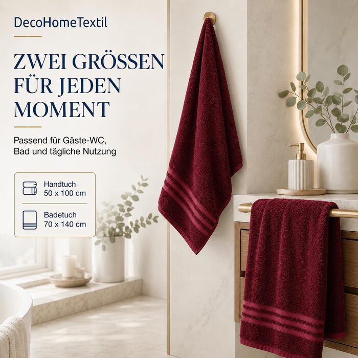 Набір махрових рушників DecoHomeTextil Eco (6 шт.), еко-серія, гігроскопічні та м'які, бордовий колір (4 рушники 70x140 см, 2 рушники 50x100 см)