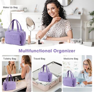 Косметичка велика для жінок Kalidi з багатьма відділеннями та відділенням для пензликів. Косметичний органайзер, сумочка для макіяжу, валізка, фіолетовий колір.