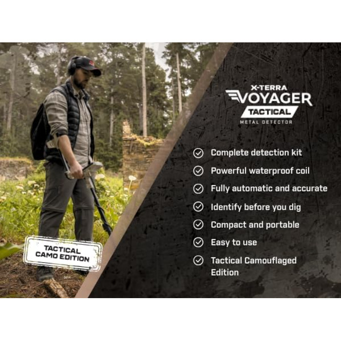 Металодетектор Minelab X-Terra Voyager Tactical - професійний, для дорослих, водонепроникний, 4 режими, з навушниками, рюкзаком та лопатою (Forest, Green)