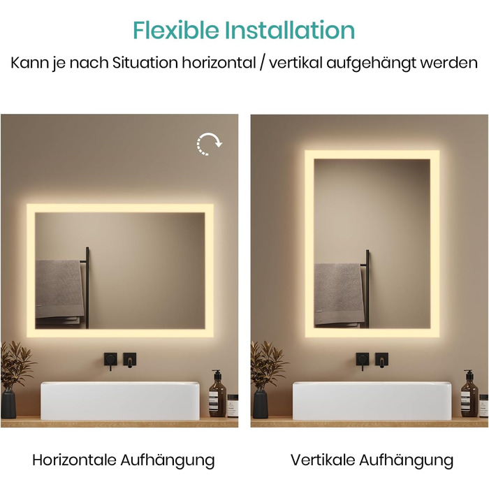 Дзеркало для ванної кімнати EMKE® з підсвічуванням 80x60 см, тепле біле світло 3000K, вимикач, вертикальна/горизонтальна установка, IP44, енергозберігаюче