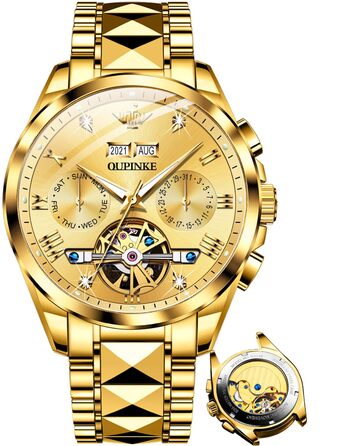 Чоловічий годинник OLEVS Automatik Skeleton з автопідзаводом: механічний годинник з люксовим дизайном, сапфіровим склом, вологостійкий, з браслетом з вольфрамової сталі (3186 Goldene)