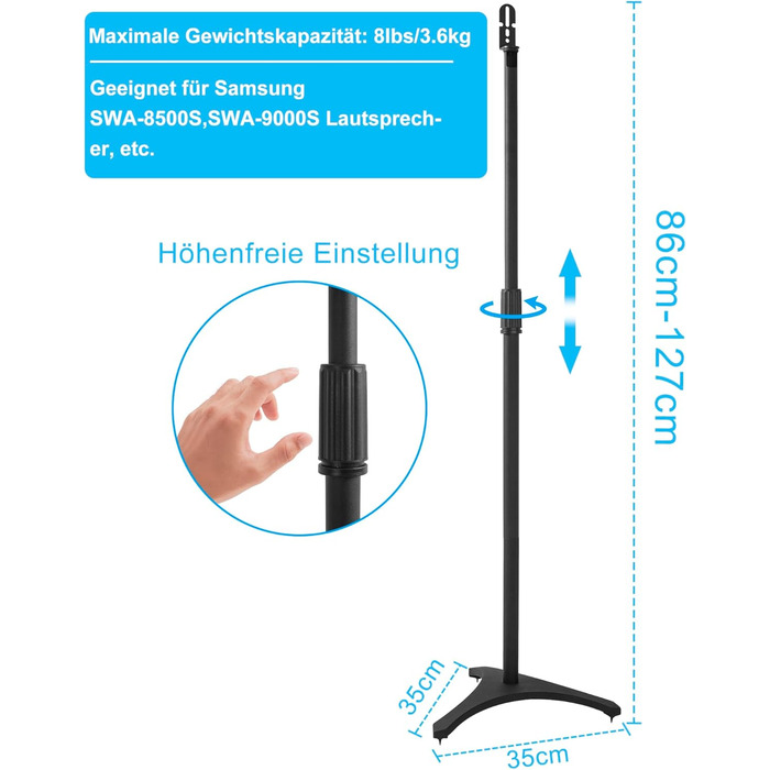 Підставка для колонок, 2 шт., регульована висота 86–127 см, з кабельною організацією, вантажопідйомність 3.6 кг, підходить для P3X-2P