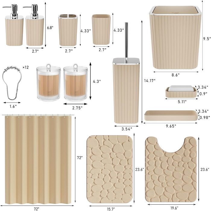 Набір аксесуарів для ванної кімнати: 10 предметів, зелений колір, WC-щітка, сміттєвий бак, золоті акценти