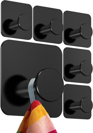Набір тримачів для рушників 4smile (6 шт.) без свердління, з нержавіючої сталі, чорний. Самоклеючі гачки для ванної кімнати, висока вантажопідйомність.