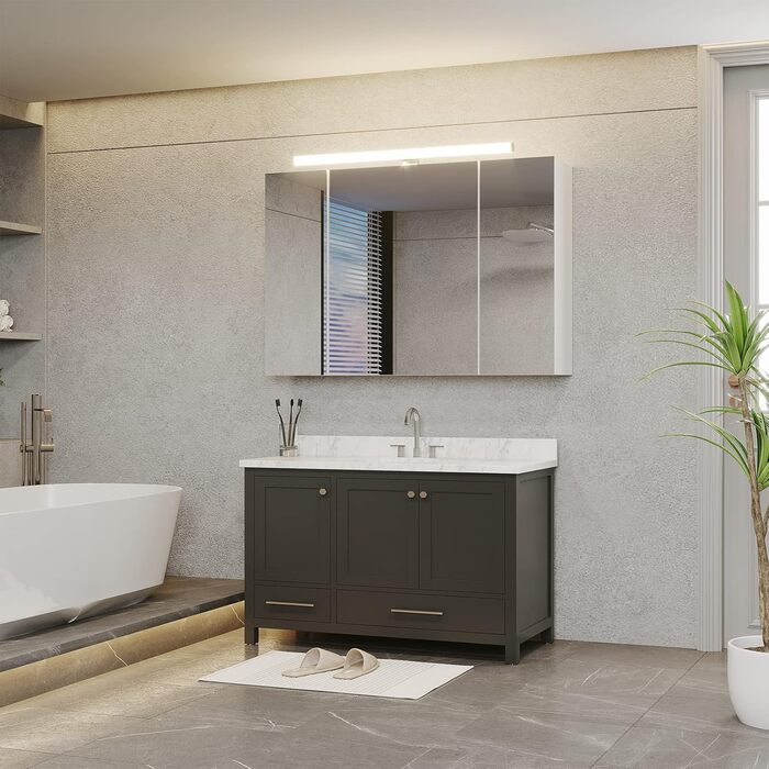 Дзеркальна шафа для ванної кімнати DICTAC з LED-підсвічуванням, розеткою та вимикачем (90x16x60 см), 3 дверцята, білий колір