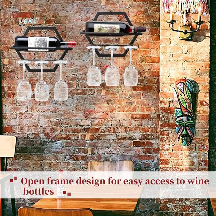Metal Wall Mounted Wine Holder Stemware Glass Rack, 2Pcs Hanging Glass Wine Rack Wall Mount Red Wine Rack Organizer with 3 Stem Glass Holders for Home Kitchen Bar Display Decor (AA)