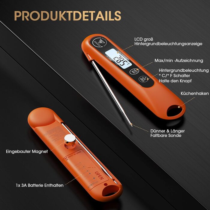 Цифровий кухонний термометр DOQAUS: для приготування, смаження та гриля. Швидкий LCD дисплей, автоматичне вмикання/вимикання.