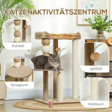 PawHut Дряпка для котів 86 см, котячий комплекс зі стрибковою платформою, ліжком, іграшковим м'ячиком, дряпка для котів з джутовими стовпчиками, для котів вагою до 7 кг, кава | Aosom