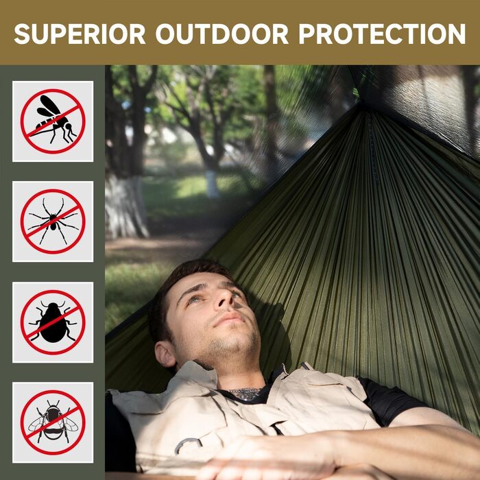 Гаммак для кемпінгу з москітною сіткою та стропом, великий на 2 особи, 290 x 140 см, легкий, для відпочинку на природі, походів, подорожей та рюкзаків, колір: оливковий