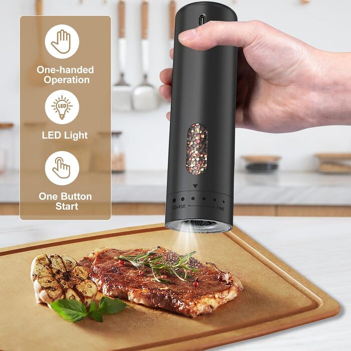 Електричний набір для солі та перцю з зарядною станцією, об'єм 110 мл, перезаряджувана солянка з 5 рівнями, керамічна млинка з щіткою (1 шт. чорний)