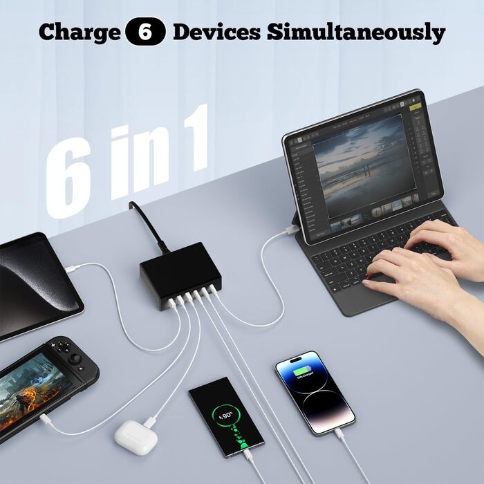 Зарядний пристрій USB-C 120W GaN, 6 портів, для iPhone/Samsung/Google/планшетів, чорний