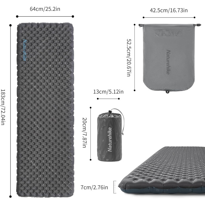 Каремат туристичний Naturehike Thermal 3.5R, самонадувний, 4 сезони, -6°C, з надувною сумкою, військовий зелений, прямокутний, XL/L