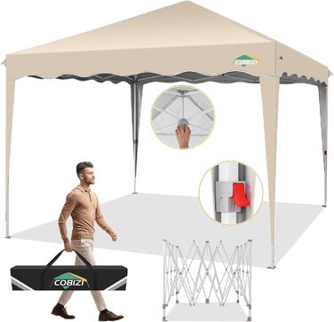 COBIZI Folding Gazebo 3x3, 3x3 Gazebo Waterproof Stable One Push UV Protection Outdoor Party Tent Wave Drip Tent Event Tent Tent Garden Gazebo Folding 3x3m With Carry Bag, Khaki