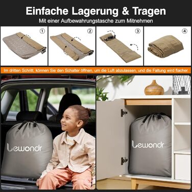 Надувне ліжко Lewondr на 2 особи з вбудованим насосом, комфортна повітряна матрац, самонадувна ліжко для кемпінгу, дому, гостей, подорожей (300 кг MAX), (203x152x33 см, Хакі)