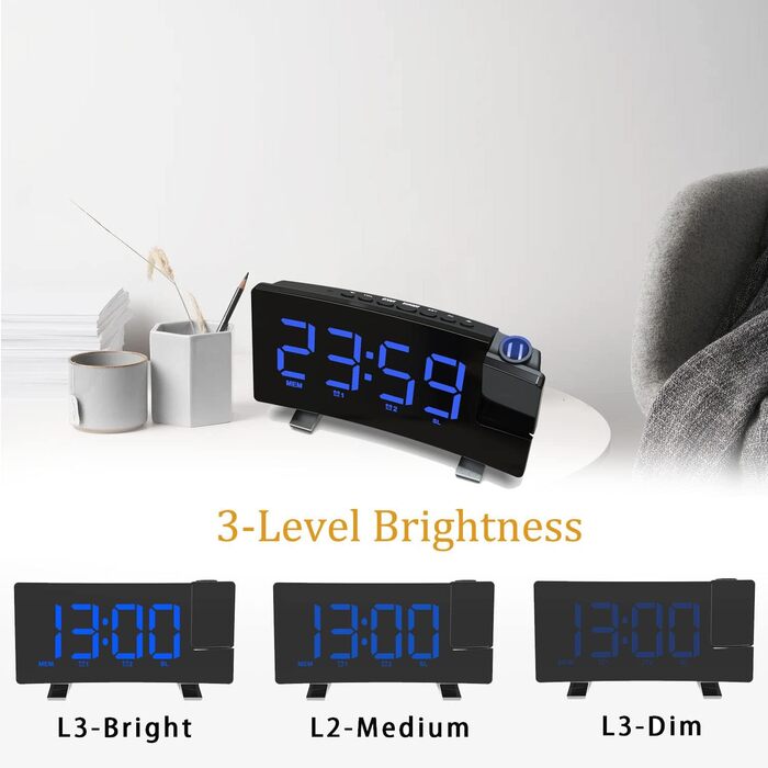 VORRINC Projection Alarm Clock, Digital Alarm Radio with 180° Projection, USB Port, Dual Alarms, Snooze, 12/24H, 3 Projection Brightness with Automatic Dimmer, for Bedroom Ceiling (Blue)