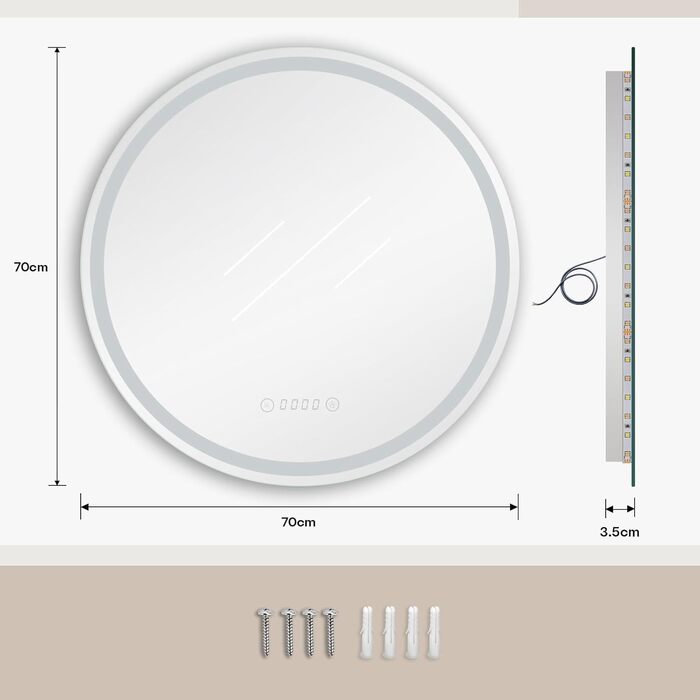 Дзеркало для ванної кімнати Dripex круглої форми з підсвічуванням LED, сенсорне керування, регулювання яскравості, 3 кольори світла, запобігання запотіванню, 60x60 см