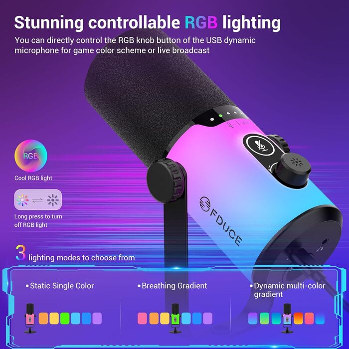 Ігровий мікрофон FDUCE з USB/XLR підключенням, RGB-підсвічуванням та регулятором посилення для стрімінгу, запису подкастів та співу