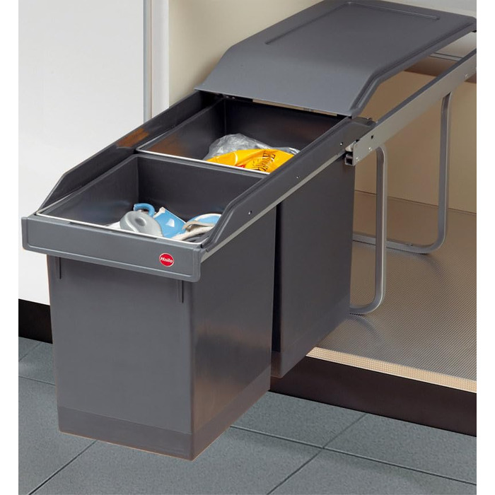 Відро для сміття Hailo Tandem 3650103 | Вбудований контейнер для сміття 2 секції з 50 мішками | для шаф шириною від 300 мм | Зручний висувний механізм на роликових направленнях | Сріблястий та антрацитовий пластик 3650101