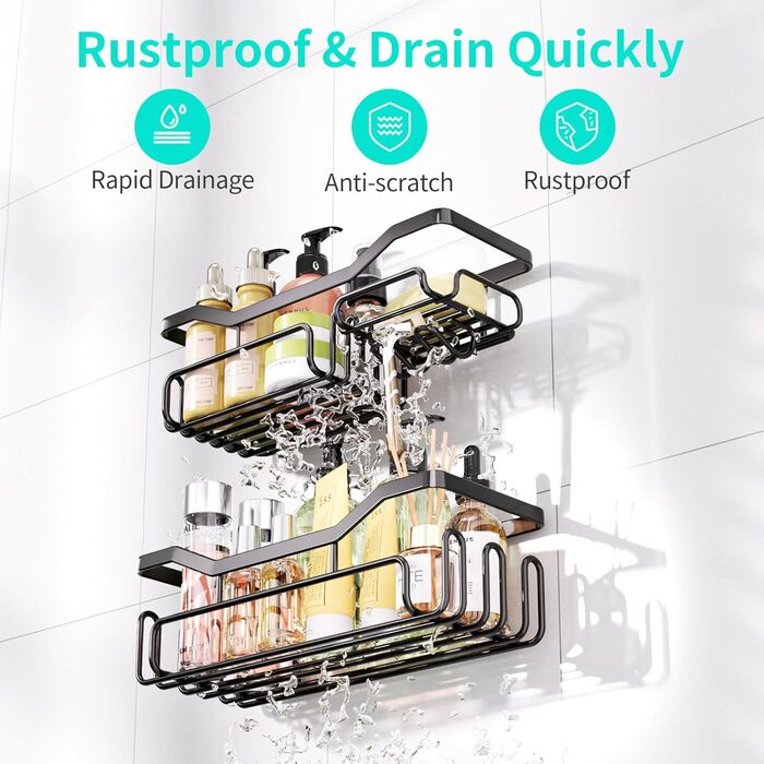 Дзеркальна поличка для душу HapiRm без свердління - органайзер для ванної кімнати та кухні, полиця для душу з 11 гачками, мильниця, тримач для бритви, тримач для шампуню, 3 кріплення, чорний