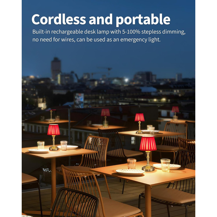 Акумуляторна настільна лампа LED з димером та червоним абажуром (2 шт) для вітальні, спальні, ванної кімнати, бронза