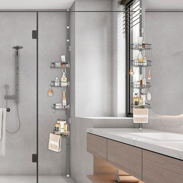DUFU Shower Shelf Telescopic No Drilling with 4 Shower Basket Corner, Non-Slip, Stable Bathroom Shelf Made of Metal, Height Adjustable 85-325cm, Telescopic Shelf Bath Grey
