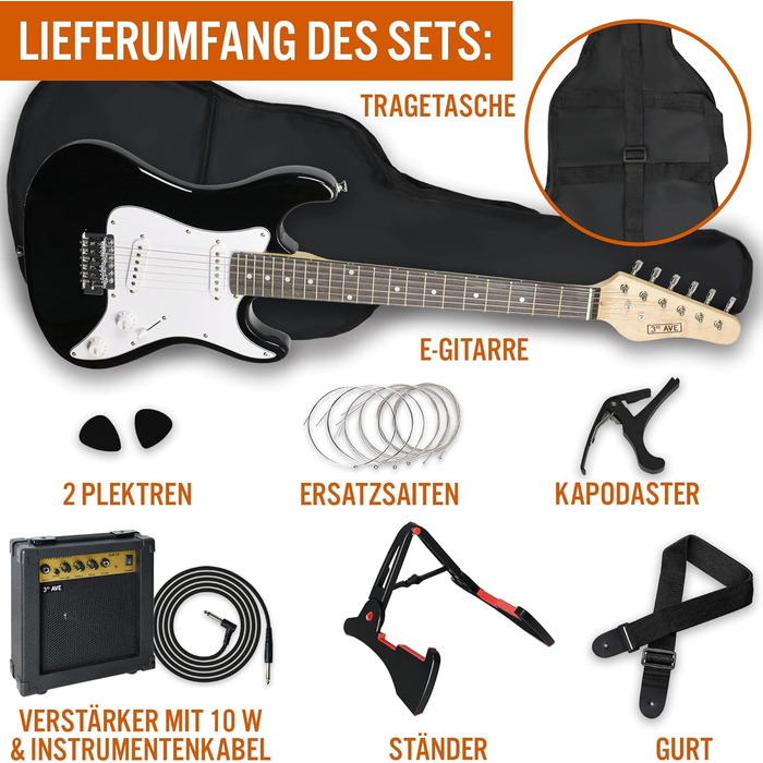 Електрогітара 3/4 розміру 3rd Avenue XF Ultimate Kit з підсилювачем 10W, тюнером, кабелем, стійкою, чохлом, ременем, запасними струнами, медіаторами та каподастром - Чорний, набір для початківців