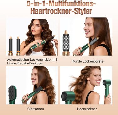Мультистайлер для волосся 5-в-1 Air Styler 1000W: фен-щітка, автоматичний локон, вирівнювач та об'ємний стайлер, зелений