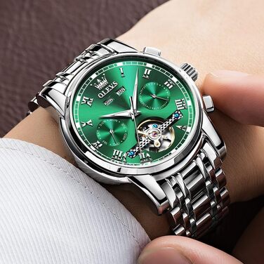 Чоловічий годинник OLEVS Automatik з турбійоном, календарем, чорний, водонепроникний, світлодіодна підсвітка, двоколірний (срібло/зелений)