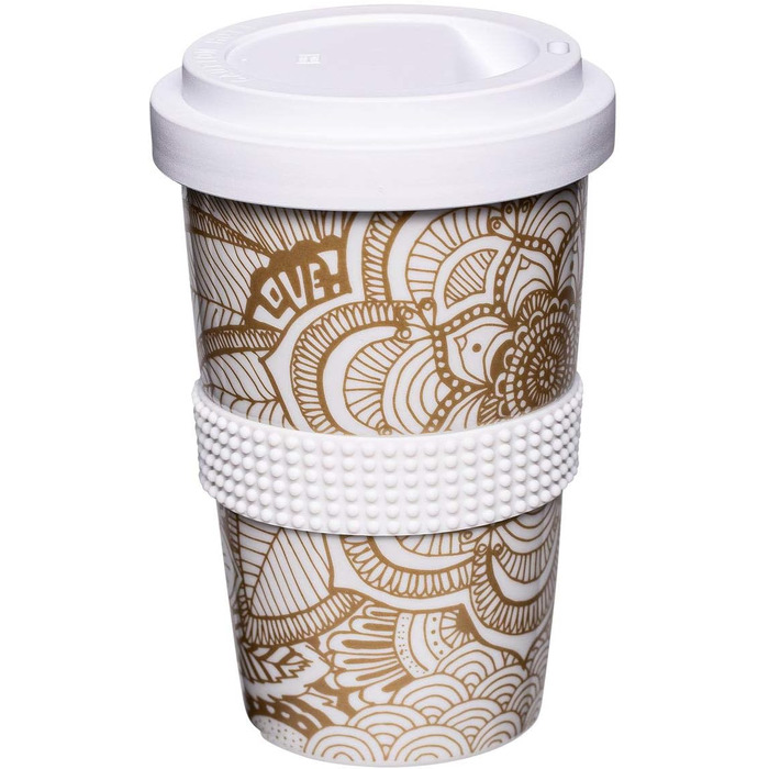 Mahlwerck Coffee-to-go Cup, Porcelain Coffee-to-go Cup with Leak-proof Lid, Design, Grey, 400ml (1 piece (1-pack), Gold)