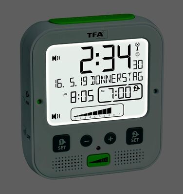 TFA Dostmann Boom Funkwecker, Loud with Vibration Alarm, Snooze Function, Adjustable Volume and Brightness, Automatic Night Light, White, L 110 x W 65 x H 122 mm