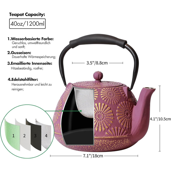 MILVBUSISS Cast Iron Teapot, 1200 ml, Large Capacity, Stovetop Kettle with Infuser, Japanese Teapot for Loose Leaf Tea, Enameled Interior Coating, Silicone Handle, Pink