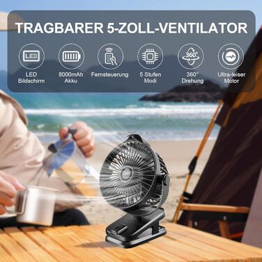 8000mAh Mini USB Clip Ventilator Battery, 13cm Small Table Fan with Remote Control, 5-Speed, LED Display, 360° Rotation, Rechargeable Battery Portable Table Fan for Home, Office, Camping, Stroller