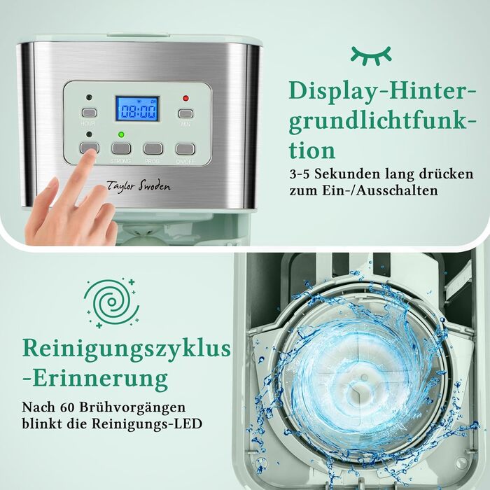 Кавомашина Taylor Swoden Darcy 950W з таймером, 1.5л, 12 чашок, автоматичне відключення, захист від протікання, багаторазовий фільтр, BPA-free, зелена