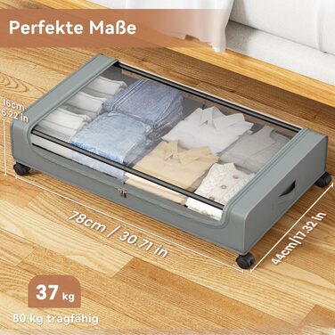 Коробки для зберігання під ліжко PHINOX з роликами, сірі, 2 шт (74x42x16 см) - коробки-органайзери для одягу, взуття, іграшок з прозорою кришкою