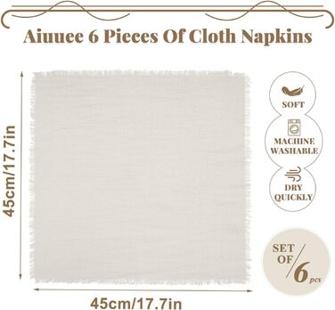 Aiuuee 12-Piece Cloth Napkins 45x45cm, Cotton Napkins with Fringe, Washable Fabric Napkins for Tablecloths for Wedding Family Meals Parties Birthday and Table Decoration (Beige)