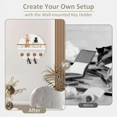 Настінна вішалка для ключів Nekon з полицею та 8 гачками, 24.8 см, декор для дому (Білий/Золотий)