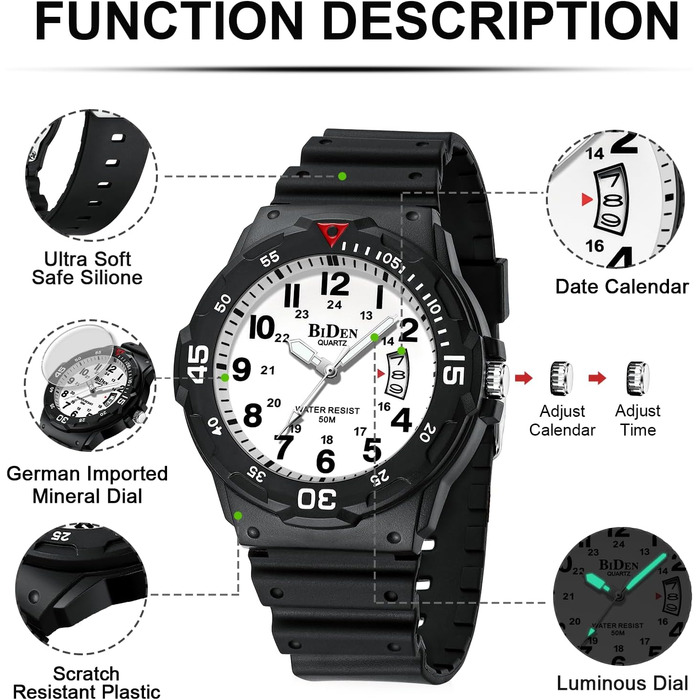 HANPOSH Чоловічий годинник: аналоговий кварцовий годинник з датою, водостійкий 50M, стильний дизайн для чоловіків, силіконовий ремінець (08- Чорний/Білий 2)