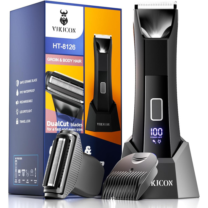 VIKICON Триммер для тіла та волосся, 2-в-1, чоловічий, з LED-підсвічуванням, акумуляторний, чорний