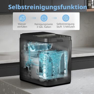 Машина для приготування льоду COMFEE' RCI12BL1EU(E) – чорна, 8 кубиків за 6 хвилин, 12 кг/24 год, 1.3л резервуар, самоочищення, компактний дизайн, з лопаткою та кошиком для дому